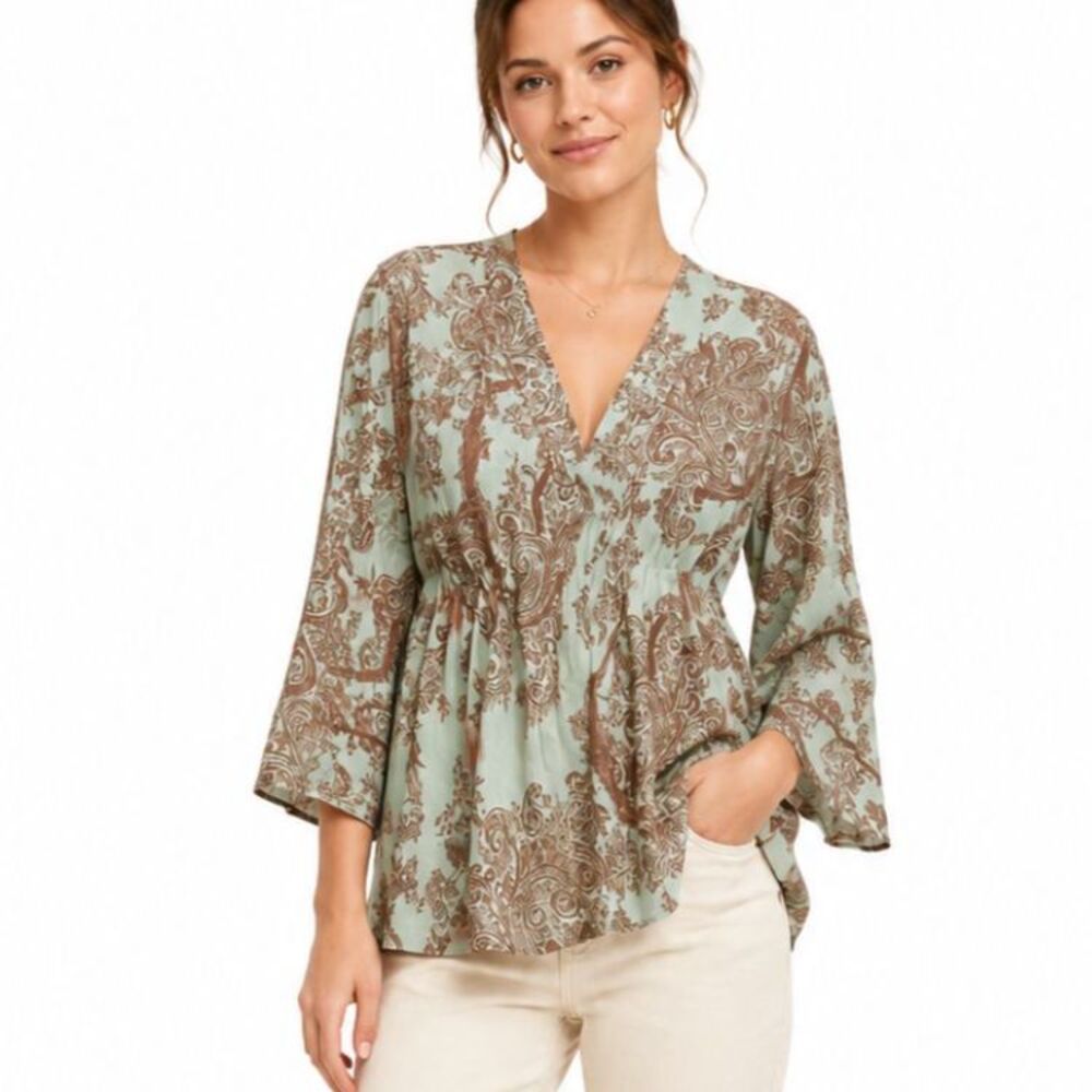 Kiyomi Cotton Boho Print Tunic Top Size Large Casual Lightweight